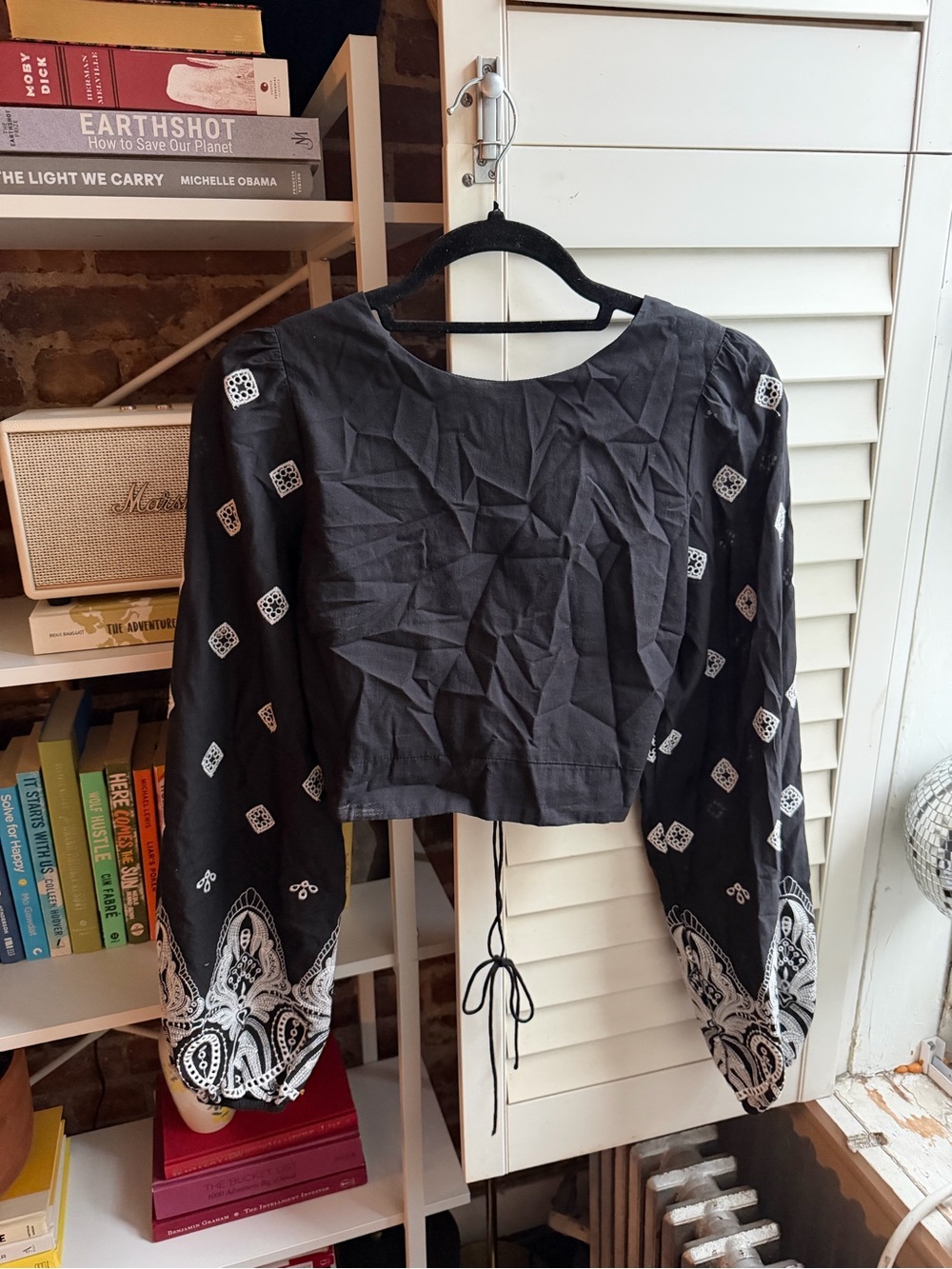 Black Embroidered Long-Sleeve Cropped Top